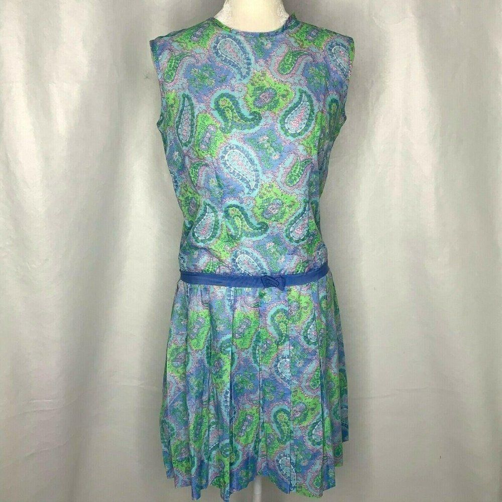 Vintage Paisley Drop Waist Dress M Blue Pink